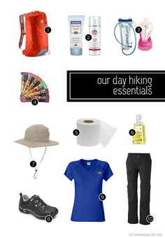 the contents of a travel bag and items to pack for a trip, including an umbrella, hat, water bottle, toilet paper roll, sunglasses, backpack