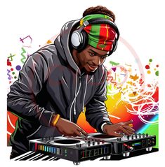 a man in headphones is playing music on a dj's turntables