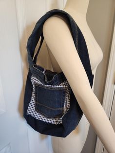 Denim and plaid shoulder bag. Upcycled from jeans with a unique, one of a kind design. Meticulously made for individuals who value the time and creativity of the maker. All questions are welcomed. Item is made in smoke free home. Enjoy! Everyday Dark Wash Upcycled Shoulder Bag, Everyday Upcycled Dark Wash Shoulder Bag, Casual Upcycled Hobo Shoulder Bag, Upcycled Cotton Hobo Shoulder Bag, Denim Purse, The Maker, Purses And Handbags, Art Collection, Shoulder Bags