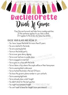 Bachelorette drink if game featuring a black, pink and gold tassel garland along the top. 3 Person Bachelorette Party, Drink If Game Bachelorette, Hilarious Bachelorette Games, Bacherollete Games, Spicy Bachelorette Questions, Bachlorette Party Activities Fun, Batcholorette Games, Stagette Games, Black And Pink Bachelorette Party