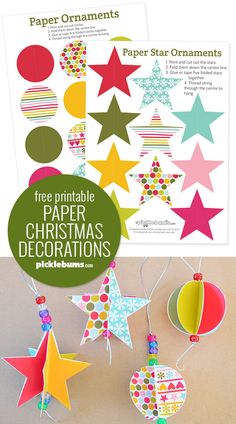 paper ornaments with the text free printable paper christmas decorations on top and below them