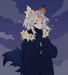 an anime character with white hair and stars on her head, standing in front of the night sky