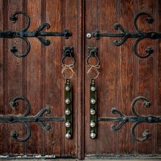 two metal handles are attached to a wooden door