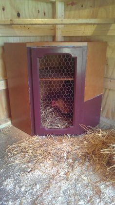 a chicken coop with hay in it