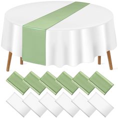 a round table with green and white stripes on it, surrounded by matching placemats