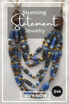 Buy stunning statement jewelry that won't break the bank. Handmade paper bead jewelry elevates your everyday look. Buy a chunky layering necklace, a colorful stack of bracelets, or simple drop earrings. Buy today. FREE SHIPPING #beadednecklaces #statementbeadjewelry #clothesandjewelry Blue Jewelry With Wooden Beads, Paper Bead Jewelry, Necklace Colorful, Paper Beads, Layering Necklace, Chunky Necklace, Bead Jewelry, Gold Accent, Multi Strand Necklace