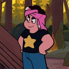 a cartoon character with pink hair and a star on his shirt standing in the woods