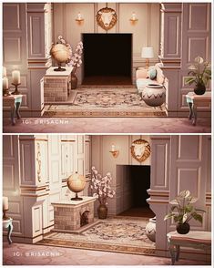 there are two pictures of a living room with fireplaces and vases on the floor