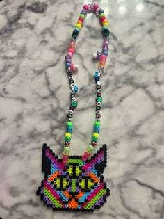 Perler Necklaces, Kandi Perler, Perler Necklace, Trippy Cat, Kandi Necklace, Kitty Necklace, Perler Ideas, Beads Candy, Perler Crafts