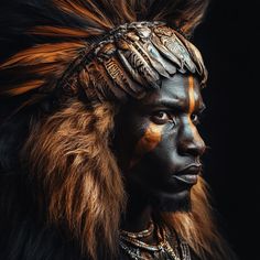 a man with black face paint and feathers on his head, wearing an elaborate headdress