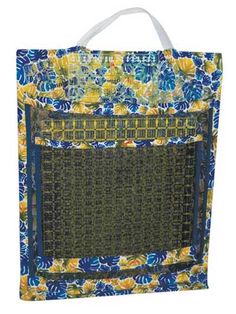 a shopping bag with blue and yellow flowers on it