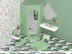 a bathroom with green and white tiles on the floor, sink, mirror and shower stall