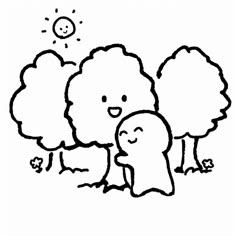 a black and white drawing of two trees