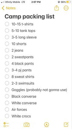 the camp packing list is shown in this screenshoter's phone screen shot