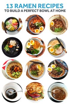 the cover of 13 ramen recipes to build a perfect bowl at home, with pictures of different dishes