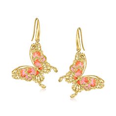 Ross-Simons - Italian Pink, Orange Enamel Butterfly Drop Earrings Over Sterling. Fluttery and fancy-free, these lovely butterfly drop earrings show off a striking mix of pink and orange enamel in textured and polished 18kt yellow gold over sterling silver. Hanging length is 2". Made in Italy. Earwire, enamel butterfly drop earrings. Elegant Spring Butterfly Jewelry, Spring Gold Jewelry With Butterfly Charm, Elegant Spring Jewelry With Butterfly Charm, Summer Butterfly Charm Earrings, Pink Butterfly Earrings For Summer, Pink Butterfly Jewelry For Summer, Elegant Summer Jewelry With Butterfly Charm, Pink Butterfly Charm Drop Earrings, Pink Drop Earrings With Butterfly Charm