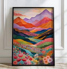 a painting on the wall with flowers and mountains in the background