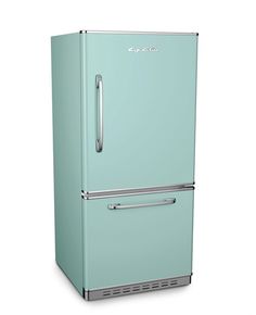 a blue refrigerator freezer sitting on top of a white floor next to a wall