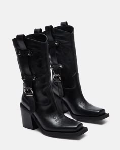 JERICA Black Leather Square Boot | Women's Boots – Steve Madden Cowboy Boots With Wide Leg Jeans, Womens Cowboy Boots Square Toe, Square Boots Women, Platform Cowboy Boots, Steve Madden Cowboy Boots, Square Boots, Womens Winter Boots, Shoe Inspo, Western Boot