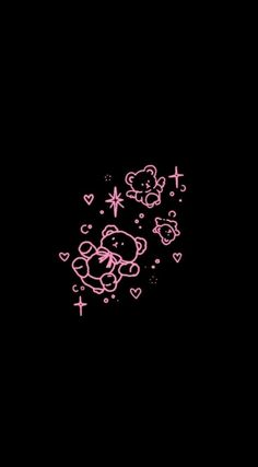 a black background with pink teddy bears and hearts on it's side, in the dark