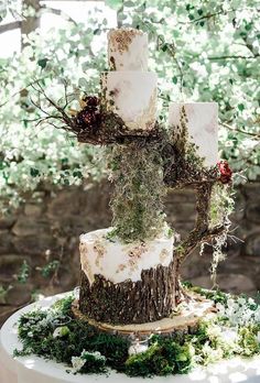 a three tiered cake with moss and flowers on top