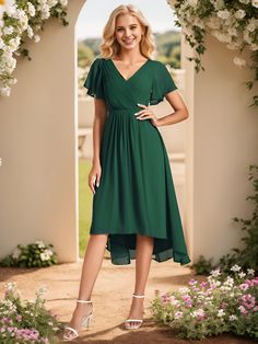 Chic V Neck Asymmetrical Hem Ruffles Sleeve Pleated Chiffon Wedding Guest Dress #color_Dark Green Cute Knee Length Dresses, Wedding February, Midi Wedding Guest Dress, Dancesport Dresses, February Wedding, Pleated Chiffon, Affordable Dresses, Custom Size Dresses, Romantic Garden