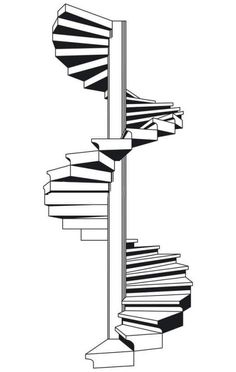 black and white illustration of a spiral staircase with books on the bottom, against a white background