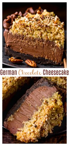 german chocolate cheesecake with pecans and nuts on the side, cut in half