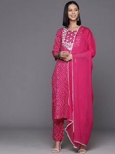 Pink Cotton Bandhani Print & Embroidered Straight Shape Suit Set with Silk Chiffon Dupatta Palazzo Suit, Anarkali Kurta, Cotton Bottoms, Casual Party, Fabric Shop, Formal Wedding, Embroidery Details, Trouser Pants, Pink Cotton