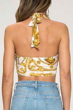 White Butterfly Criss Cross Halter Top Fitted Gold Tops For Beach, Fitted Gold Top For Beach, Fitted Gold Top For The Beach, Gold Fitted Tops For Vacation, Fitted Gold Top For Vacation, Gold Fitted Halter Top For Summer, Gold Stretch Tops For Summer, Stretch Gold Tops For Summer, Cross Halter Top