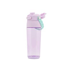 a pink and purple water bottle with a green handle