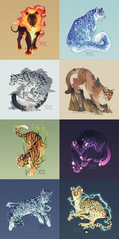 four different types of animals are shown in this image, each with their own color scheme