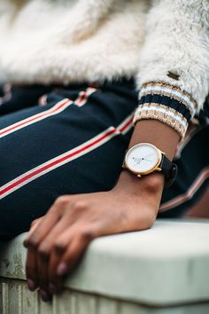 Mondaine Watch, Watch Photography, Aran Knit, Importance Of Time Management, Striped Trousers, Jewelry Photoshoot, Watch Photo, Wooden Watch, Jewelry Photography