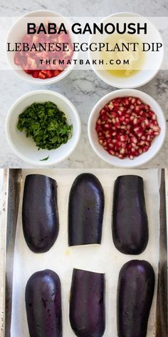 eggplant dip ingredients in bowls on a tray