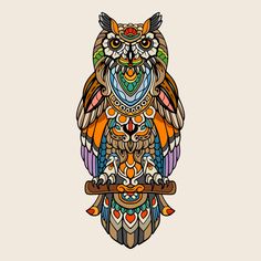 an owl sitting on top of a branch with lots of different colors and patterns around it