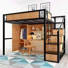 a loft bed with stairs leading up to the top bunk and desk area below it