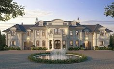 an artist's rendering of a large mansion with fountain in the front yard at dusk