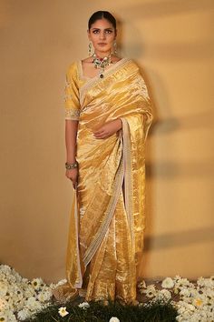 Buy Yellow Saree Tissue Blouse Chanderi Silk Sunaina Wrinkled With For Women by MATSYA Online at Aza Fashions. Gold Pre-draped Saree For Reception, Transitional Gold Pre-draped Saree With Gota Work, Gold Cotton Silk Pre-draped Saree For Reception, Gold Pre-draped Saree With Gota Work, Yellow Pre-draped Saree For Transitional Wedding Season, Festive Wedding Pre-draped Silk Saree, Transitional Season Wedding Cotton Silk Saree, Gold Cotton Silk Sets For Wedding, Cotton Silk Pre-draped Saree For Reception