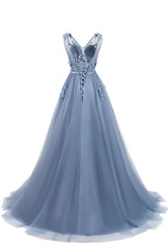 Tulle Appliques V Neck Lace Up Sleeveless Blue Long Evening Dress - Uniqistic.com Floral Bridesmaid Dress, Dress For A Date, Prom Dresses Satin, Party Dresses Short, Floral Prom Dress, Wedding Coat, Floral Bridesmaid Dresses, Floral Prom Dresses, Dresses Ladies