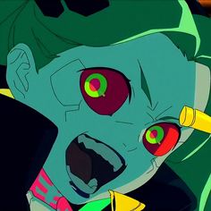 an animated zombie with red eyes and green hair holding a yellow object in his hand