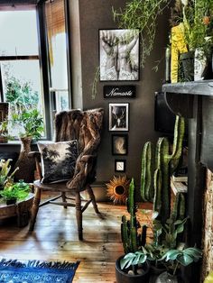 a living room filled with lots of plants next to a fire place and a window