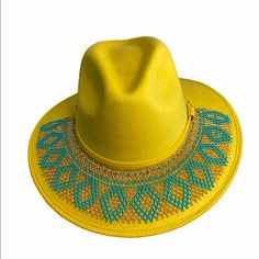 Cowgirl Hat With Chaquira Beaded Hat Band. The Hat Band Is Removable, Ties To Adjust. It Can Also Be Use As A Necklace. Sweatband On Hat Makes It More Comfortable To Wear. Includes Hat And Hat Band. Size-Medium Handmade In Chiapas Mexico. Adjustable Gold Felt Hat With Curved Brim, Gold Adjustable Felt Hat With Curved Brim, Adjustable Gold Fedora For Festivals, Embellished Adjustable Hat With Curved Brim, Adjustable Fedora Sun Hat For Party, Adjustable Fedora Hat As Fashion Accessory, Bohemian Adjustable Hat Bands For Parties, Bohemian Adjustable Hat Bands For Party, Summer Beaded Brimmed Fedora