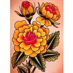 a painting of yellow and red flowers with green leaves on the bottom half of it