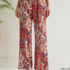 Peilia - Stylish Paisley Print Drawstring Pants - Ideal Bohemian Attire for Spring & Summer - Premium Womens Fashion Vacation Boho Print Patterned Bottoms, Bohemian Patterned Pants For Vacation, Bohemian Style Patterned Pants For Vacation, Paisley Print Vacation Bottoms, Paisley Print Wide Leg Vacation Pants, Paisley Print Long Pants For Vacation, Vacation Paisley Print Long Pants, Summer Beach Pants With Paisley Print, Bohemian Bottoms With Paisley Print