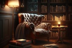 A cozy reading nook with brown leather chair, a stack of books, and a glass of wine royalty free stock images Brown Leather Reading Chair, Leather Library Chair, Book Reading Chair Cozy Corner, Dark Moody Reading Nook, Moody Nook, Leather Reading Chair, Cozy Cottage Interiors, Brown Leather Chair, Dubai Apartment