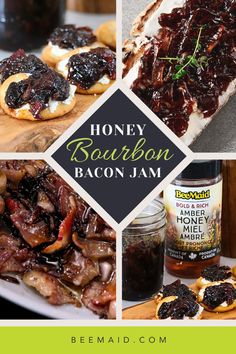 4 image collage showing crackers with cream cheese and rich bacon jam on top, Caramelized onions and bacon in a pan, a bottle of BeeMaid Amber Honey and a jar full of thick, dark brown bacon jam next to it. Weekend Snacks, Honey Bourbon, Bacon Dip, Bacon Appetizers, Snack Craving