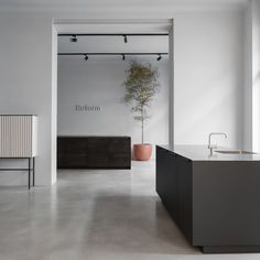 an empty room with white walls and black counter tops in front of a potted plant