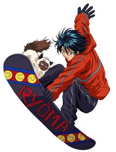 an anime character is doing tricks on a skateboard