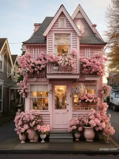 a pink house with lots of flowers on the front and side of it's windows