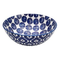 a blue and white bowl on a white background